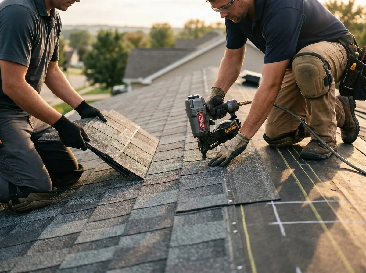 Professional roofer working on a residential roof in East Brunswick